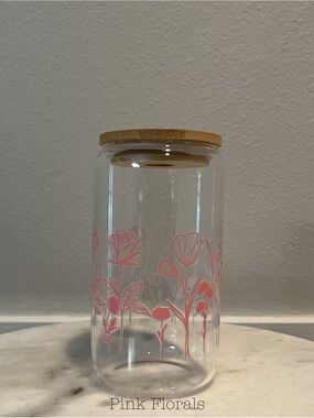 Glass Drink Tumbler Cup Pink Floral Design and Bamboo Lid